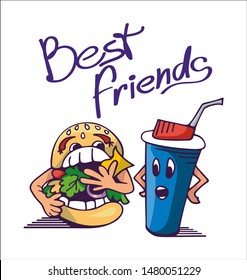 Funny cartoon characters, gluttonous Burger eats everything, plastic Cup of drink is surprised to such gluttony. Fast food illustrations. Best friends slogan