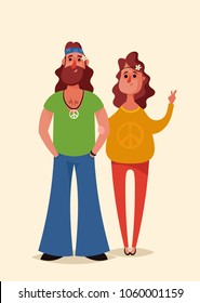 Funny Cartoon Characters. Hippie Couple. Vector Illustration