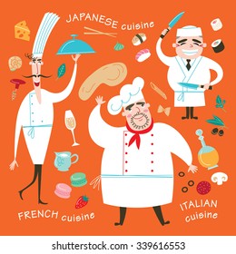 Funny cartoon characters of Italian, French and Japanese chefs. Vector illustration. 