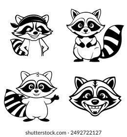 Personajes de dibujos animados divertidos mapaches alegres para niños libro para colorear. Vector monocromo contorno conjunto de bocetos de animales y pegatinas