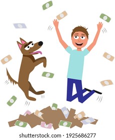funny cartoon characters of man and dog jumping in heap of money, win in lottery, financial succes, flat vector illustration isolated on white background