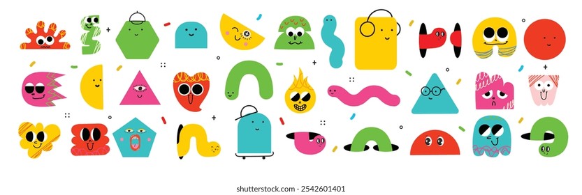 Funny cartoon characters mascots in trendy retro style and different geometric shapes. Hand drawn abstract funny cute comic characters sticker pack. Diversity concept.