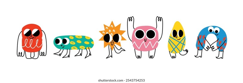 Funny cartoon characters mascots in trendy retro style and different geometric shapes. Hand drawn abstract funny cute comic characters sticker pack. Diversity concept.