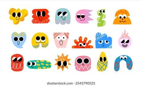 Funny cartoon characters mascots in trendy retro style and different geometric shapes. Hand drawn abstract funny cute comic characters sticker pack. Diversity concept.