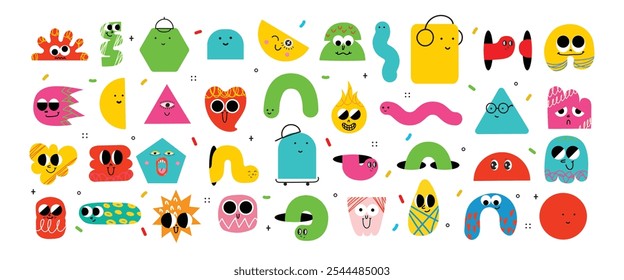 Funny cartoon characters mascots in trendy retro style and different geometric shapes. Hand drawn abstract funny cute comic characters sticker pack. Diversity concept.