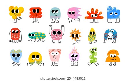 Funny cartoon characters mascots in trendy retro style and different geometric shapes. Hand drawn abstract funny cute comic characters sticker pack. Diversity concept.