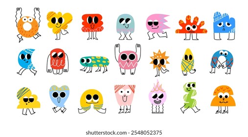 Funny cartoon characters mascots in trendy retro style and different geometric shapes. Hand drawn abstract funny cute comic characters sticker pack. Diversity concept.