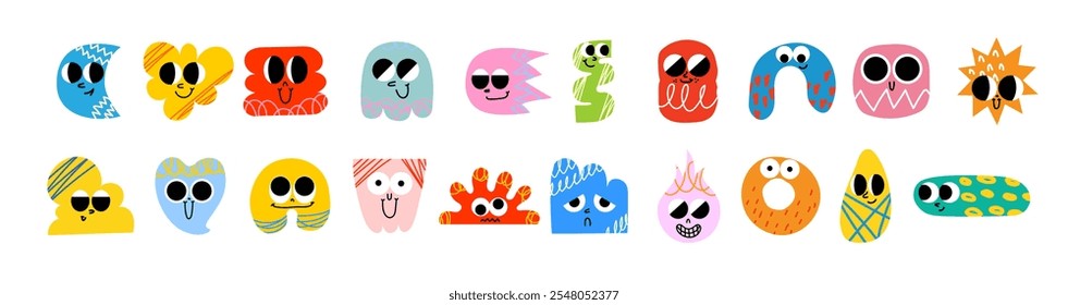 Funny cartoon characters mascots in trendy retro style and different geometric shapes. Hand drawn abstract funny cute comic characters sticker pack. Diversity concept.