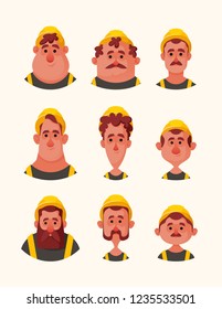 Funny Cartoon Characters. Nine Different Builders. Vector Set
