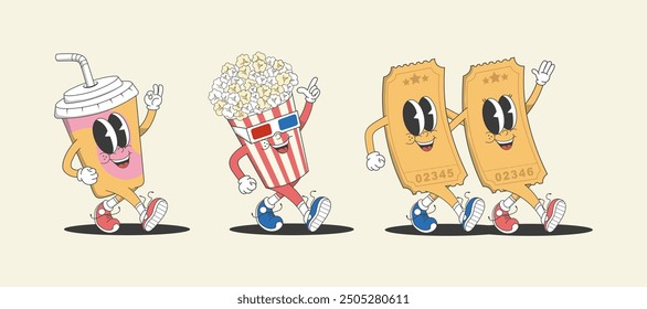 Divertidos personajes de dibujos animados sobre un tema de cine en estilo groovy. Un par de entradas van juntas, un cubo de palomitas de maíz en vasos 3D, un refresco en un vaso para llevar. Lindos personajes de cine groovy, mascota de dibujos animados.