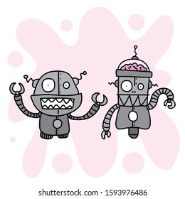 funny cartoon characters on pink background with some brain