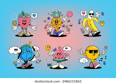 Funny cartoon characters on various topics. Can be used as Sticker, posters, prints. The comic elements in trendy retro cartoon style. Vector illustration