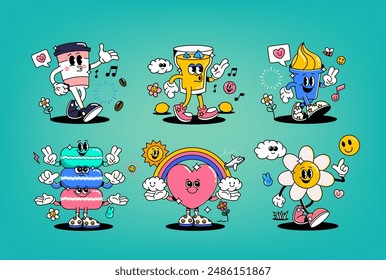 Funny cartoon characters on various topics. Can be used as Sticker, posters, prints. The comic elements in trendy retro cartoon style. Vector illustration