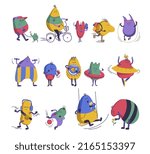 Funny cartoon characters recreating. Cute abstract mascots walking with pet, exercising, doing sport training, playing, skating and dancing. Active characters set. Vector illustration