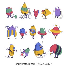 Graciosos personajes de caricaturas recreando. Máscaras abstractas adorables caminando con mascotas, haciendo ejercicio, entrenando, jugando, patinando y bailando. Conjunto de caracteres activos. Ilustración del vector