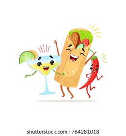 Funny cartoon characters of red pepper, cocktail and burrito having fun together. Food and drink vector in flat design