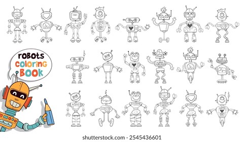 Divertidos personajes de dibujos animados robots retro. Pinta todos los robots. Concepto de diseño. Personaje de dibujos animados en blanco y negro. Ilustración vectorial graciosa. Aislado sobre fondo blanco. Libro para colorear