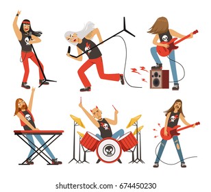 Funny Cartoon Characters In Rock Band. Musician In Famous Pop Group. Vector Mascot Set