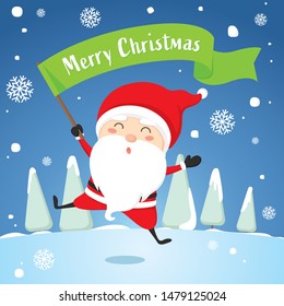 Funny cartoon characters of Santa Claus with Christmas flag and New Year's objects. Vector set of Christmas elements for holiday invitations, greeting card and advertising design.