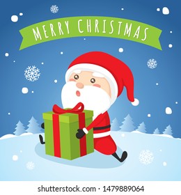 Funny cartoon characters of Santa Claus with Christmas flag and New Year's objects. Vector set of Christmas elements for holiday invitations, greeting card and advertising design.