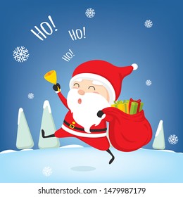 Funny cartoon characters of Santa Claus with Christmas bag and New Year's objects. Vector set of Christmas elements for holiday invitations, greeting card and advertising design.