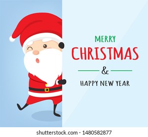 Funny cartoon characters of Santa Claus with Christmas banner and New Year's objects. Vector set of Christmas elements for holiday invitations, greeting card and advertising design.