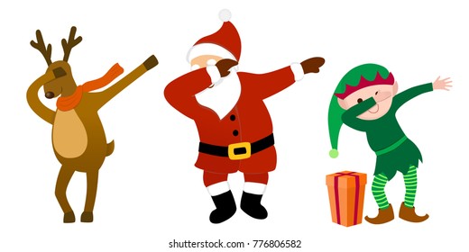 Funny Cartoon Characters, Santa Clause, Reindeer, Christmas Elf, Making Dab Move, Dancing Hip Hop Style, Young Teenage Culture For Holiday Greeting Design, Web Graphics, Party Invitation, Etc.