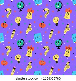 Funny cartoon characters seamless pattern. Hand drawn abstract faces, comic pencil and book, apple and globe. Velvet background. Decor textile, wrapping paper, wallpaper, vector print or fabric
