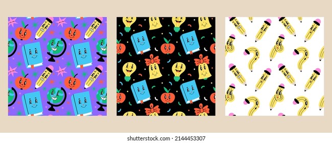 Funny cartoon characters seamless pattern set. Hand drawn abstract faces, comic pencil and book, apple and globe. Velvet background. Decor textile, wrapping paper, wallpaper, vector print or fabric