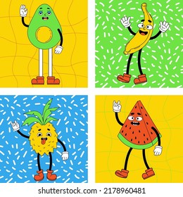 Funny cartoon characters set. Groovy elements funky fruits avocado, pineapple, banana and watermelon and with feet and gloved hands. Sticker pack, posters, prints. Comic vector trendy retro cartoon.