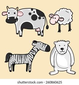 Funny cartoon characters set including cow, sheep, zebra and bear.