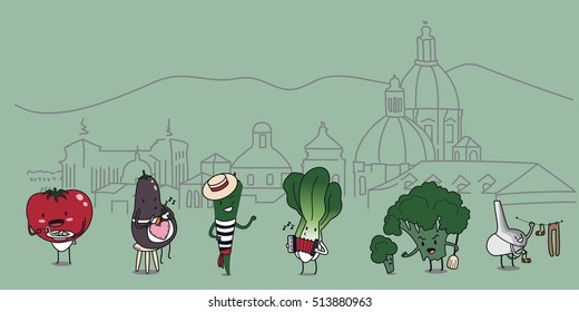 Funny cartoon characters set of traditional Italian vegetables with sketched Florence on background.