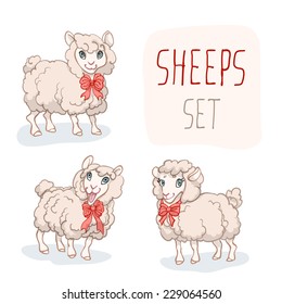 Funny cartoon characters sheeps set. Character design. Vector illustration, EPS 10. Contains transparent objects