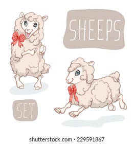 Funny cartoon characters sheeps set. Character design. Vector illustration, EPS 10. Contains transparent objects