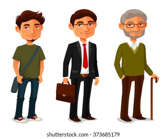 funny cartoon characters showing age progress. Teenage boy, adult man in business suit and senior man with walking stick. Isolated on white.