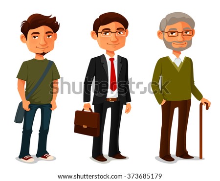 funny cartoon characters showing age progress. Teenage boy, adult man in business suit and senior man with walking stick. Isolated on white.