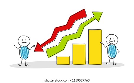 Funny cartoon characters showing column graph. Vector.