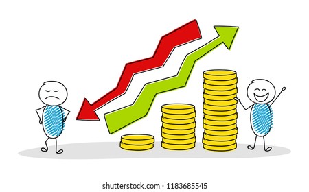 Funny cartoon characters showing money graph. Vector.