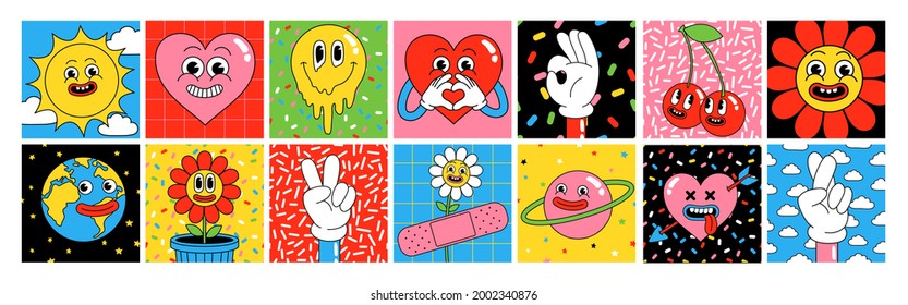 Funny cartoon characters. Square posters, sticker pack. Vector illustration of heart, patch, earth, berry, hands, abstract faces etc. Big set of comic elements in trendy retro cartoon style. - Shutterstock ID 2002340876