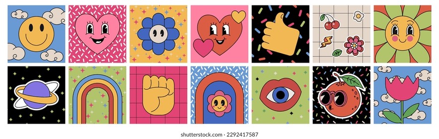 Funny cartoon characters. Square posters, sticker pack. Vector illustration of heart, flower, earth, orange, hands, abstract faces etc. Big set of comic elements in trendy retro cartoon style.