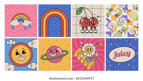 Funny cartoon characters. Square posters, sticker pack.Vector illustration of flower planet, cherry blossom, rainbow, sun, abstract faces, etc. Big set of comic elements in trendy retro cartoon style