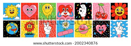 Funny cartoon characters. Square posters, sticker pack. Vector illustration of heart, patch, earth, berry, hands, abstract faces etc. Big set of comic elements in trendy retro cartoon style.