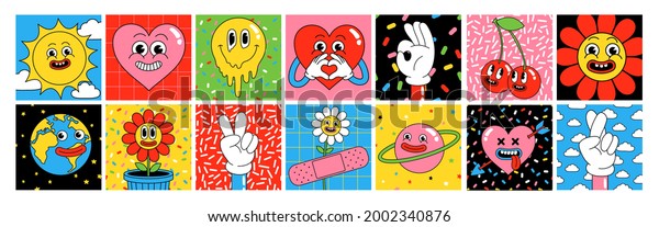 Funny cartoon characters. Square posters, sticker\
pack. Vector illustration of heart, patch, earth, berry, hands,\
abstract faces etc. Big set of comic elements in trendy retro\
cartoon style.