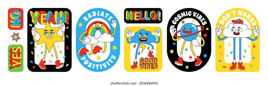 Funny cartoon characters. Sticker pack, posters, prints. Vector illustration of star, rainbow, clouds, planet and words. Set of comic elements in trendy retro cartoon style.