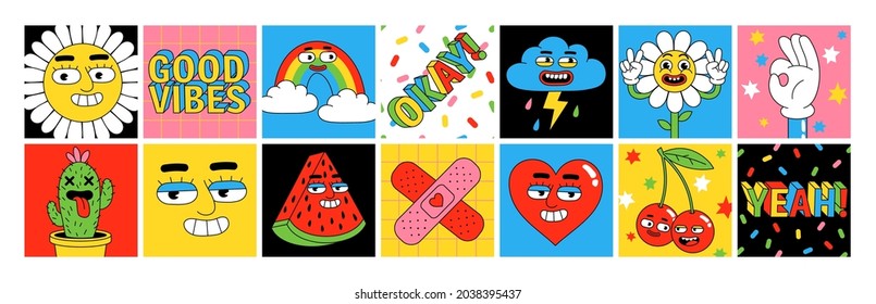 Funny cartoon characters. Sticker pack, square posters, prints. Vector illustration of flower, heart, berries, fruits, rainbow, clouds and words. Set of comic elements in trendy retro cartoon style. - Shutterstock ID 2038395437