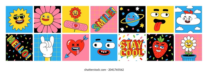 Funny cartoon characters. Sticker pack, square posters, prints. Vector illustration of flower, sun, heart, berries, planet, clouds and words. Set of comic elements in trendy retro cartoon style. - Shutterstock ID 2041765562