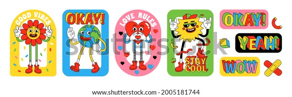 Funny cartoon\
characters. Sticker pack, posters, prints. Vector illustration of\
flower, Earth, heart, sun and words. Set of comic elements in\
trendy retro cartoon\
style.