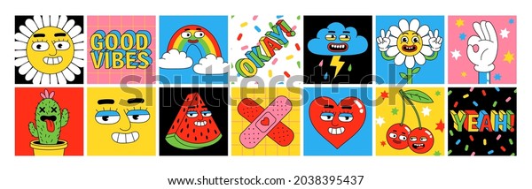 Funny cartoon characters. Sticker pack, square
posters, prints. Vector illustration of flower, heart, berries,
fruits, rainbow, clouds and words. Set of comic elements in trendy
retro cartoon style.