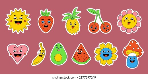 Funny cartoon characters stickers. Big set comic elements in trendy retro groovy style. Vector illustration of heart, cute sun, watermelon, avocado, flower power, cherry, banana, mushroom with faces