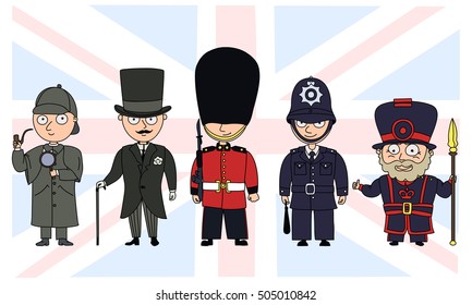 Funny cartoon characters, symbols of the UK.